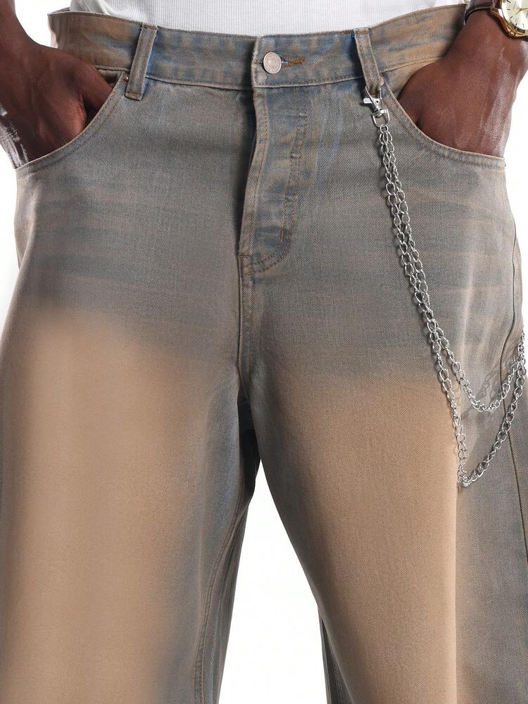 Wide Leg Raw Denim Jeans With Chain Detail