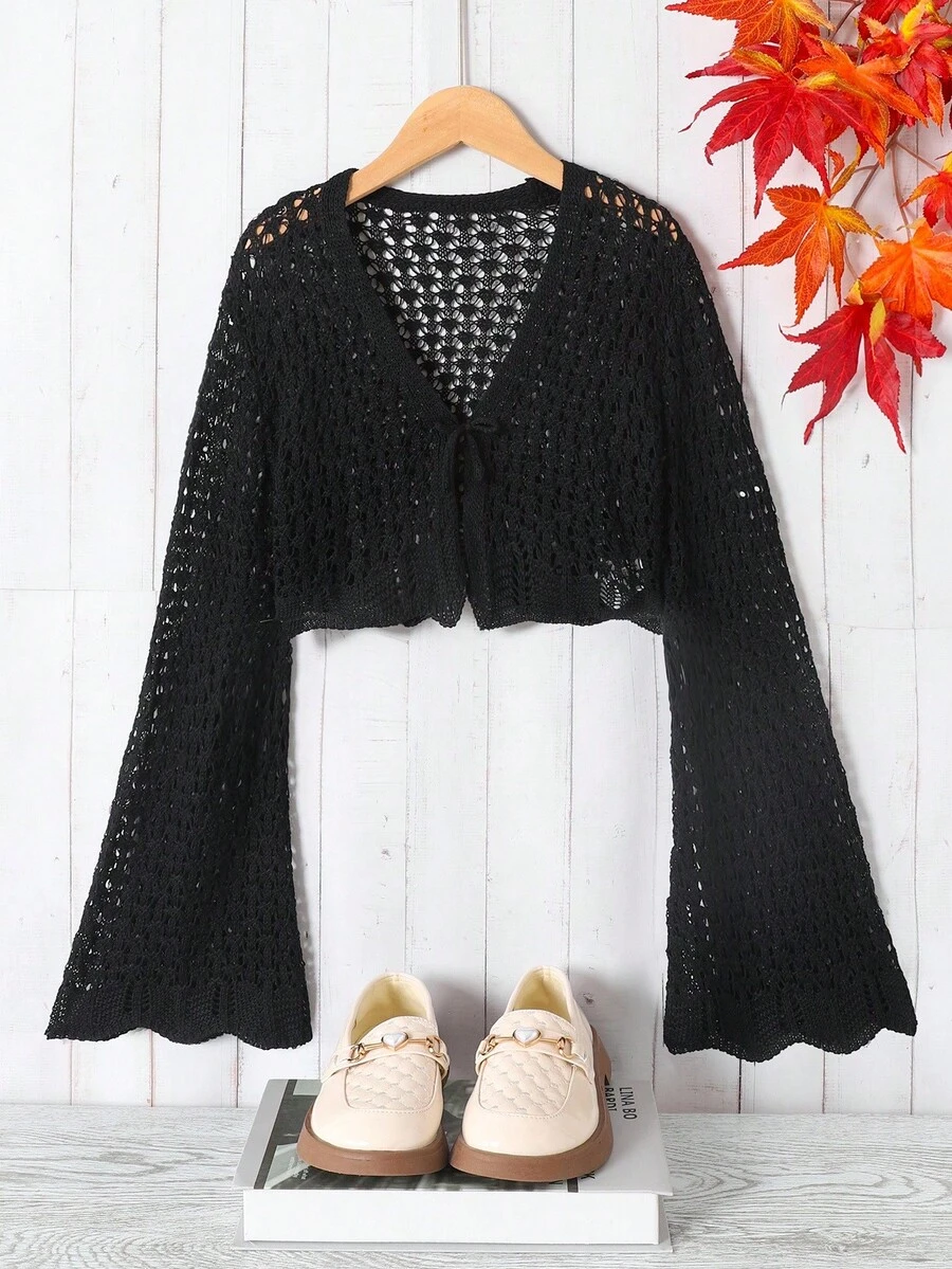 SHEIN Tween Girl Elegant Hem Shell Trim Long Sleeve Cropped Cardigan Fall Winter - Black - View 1