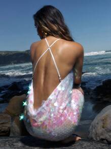 Opulessa Women's Beaded Halter Backless Mini Dress With Draping Design  Vacation Going Out Outfit - Baby Pink - View 4