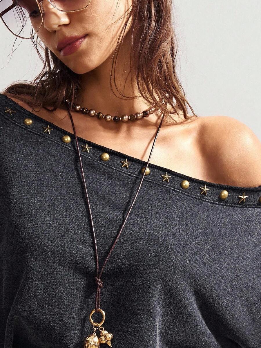 Bohemela Boho Sommer/Herbst Damen Casual Einfarbig Washed Black Studded Metal Decor Off Shoulder Sweatshirt, Bohomian Style Urlaubsoutfits, Geeignet für Musikfestivals - Schwarz - Übersicht 1
