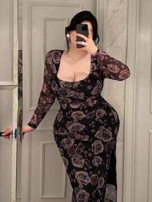 Flirla Plus Size Women Casual Knitted Printed Long Sleeve Dress Fall Cloth For Women - Multicolor - View 5