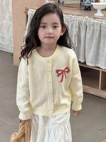 DAZY Young Girls Korean Style Fresh & Cute Bow Contrast Color Long Sleeve Cardigan, Autumn/Winter - Apricot - View 6