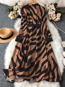 Comfylo Damen Große Größen Zebra-Muster Langarm Einreiher Lässig Hemdblusenkleid - Verschiedenfarbig - Übersicht 10