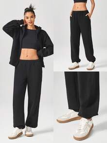 GLOWMODE 30'' Everyday Fleece Be Comfy Oversized Fit Adjustable Drawstring Waist Basic Joggers With Side Pockets Daily Casual - Black - View 6