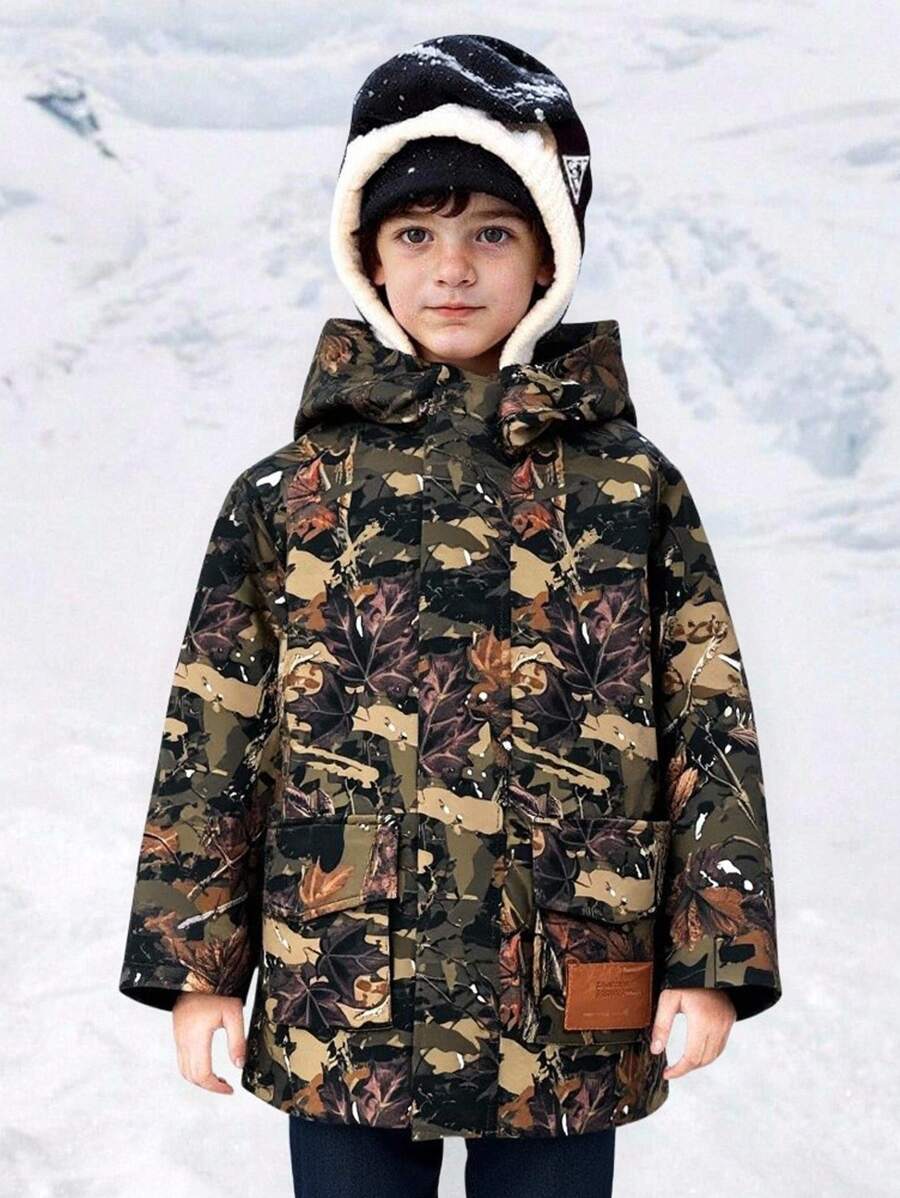 SHEIN Young Boy Branch & Maple Leaf Print Pattern Long Sleeve Woven Outerwear Hooded Coat, Brown, Green, Black, Suitable For Garden, Beach, Birthday, Autumn/Winter, Back Top School - Multicolor - View 1