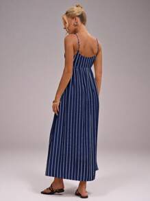 Avantive Vestido largo y suelto con cuello halter a rayas azul marino, vestidos de otoño para mujer, casual de negocios, vestido con hombros descubiertos para conciertos, atuendos para brunch, vestidos casuales para vacaciones en la playa, atuendos de cumpleaños, ropa escolar, vestido de regreso a casa estilo occidental de los años 2000, ropa bohemia para salir