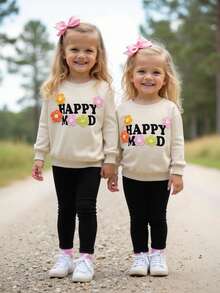SHEIN Baby Girl Beige Autumn Casual Family Matching Happy Mood Floral Sweatshirt And Black Crisscross Leggings Set,Minimalist Round Neck Pullover Outfit - Apricot - View 8