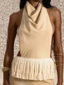 MUSERA Vestido largo elegante de cuello de cowl con detalles de flecos, ajuste recto, para ocasiones de noche, cumpleaños, otoño, primavera, verano, vacaciones, graduación, baile de graduación - Amarillo - Ver 6