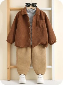 SHEIN 3 件套年轻男孩秋冬灯芯绒长袖衬衫、条纹长袖上衣、高领 T 恤和休闲裤套装，适合室内、户外、日常穿着、运动、玩耍、派对、拍照、假日、节日、狂欢