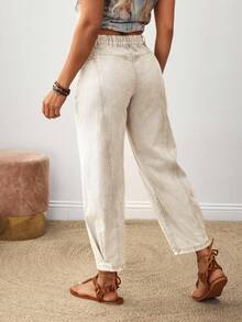 EMERY ROSE Quần jeans ống loe bỏ túi dáng rộng cỡ lớn cho nữ, màu be nhạt, màu mơ nhạt, quần lửng thu đông mới - Màu be - Xem 2