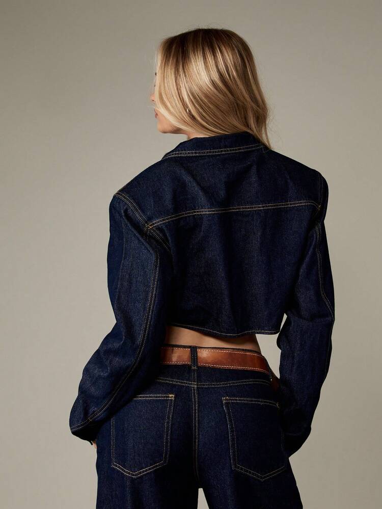 MISSGUIDED Women Denim Jacket Cropped Trucker Style With Shoulder Pads Western Fashion Button Front Dark Wash Vintage Inspired Fall Winter Outerwear