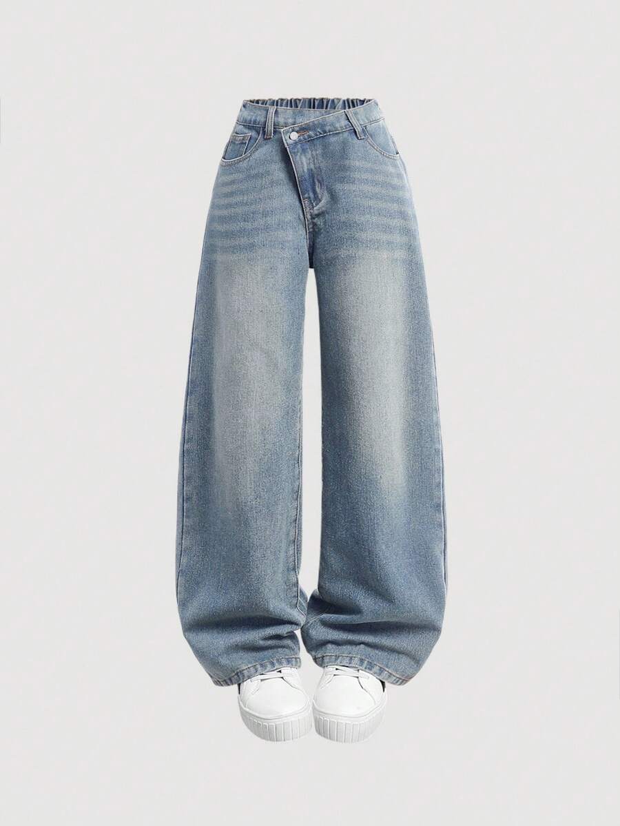 SHEIN Girlism 少女Y2K时尚复古水洗不对称腰身宽松阔腿牛仔裤，秋季返校季，Y2K宽松牛仔裤，Y2K牛仔裤，阔腿牛仔裤，超大牛仔裤，冬季宽松牛仔裤 - 淺色水洗藍 - 查看 1