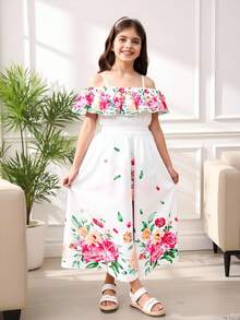 1 件 Tween 女童露肩花卉荷叶边短款上衣和花卉连体裤，优雅海滩度假风格，春夏 - 彩色 - 查看 4