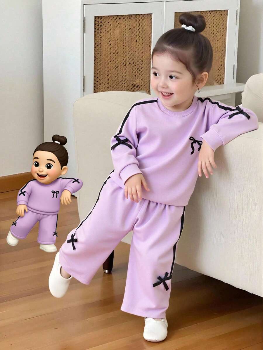 Genkimix Kids 2件套女童4-7岁时尚紫色蝴蝶结运动衫套装，2025年秋季INS运动新款休闲连帽衫和裤子套装 - 紫色 - 查看 1