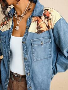 Freevana Áo sơ mi denim màu denim phong cách du mục đã giặt dành cho nữ cỡ lớn - Nhiều màu - Xem 9