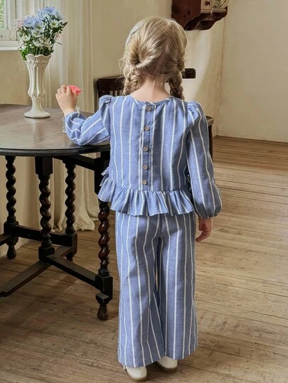 LMoss Kids 2件套少女梭织条纹休闲衬衫和宽松长裤套装