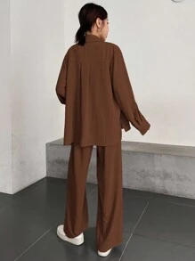 DAZY 女士休闲通勤纯色衬衫和裤子两件套，秋冬家居服套装 - 棕色 - 查看 2