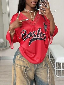 Coolane 女士春夏运动装基本款 Y2K 数字图案撞色蕾丝 V 领针织大码 T 恤