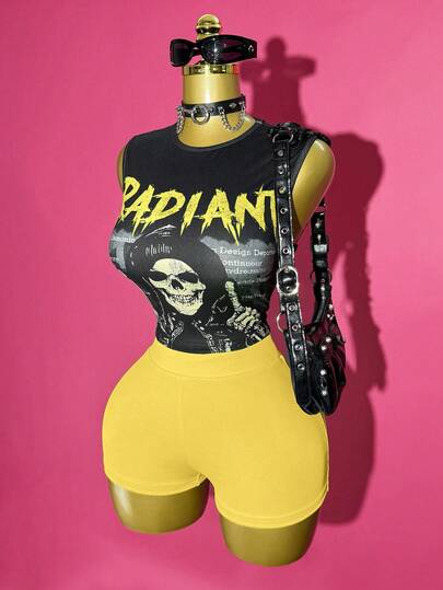 Slaydiva 2025 Spring/Summer New Bohemian Music Festival Easter Casual Daily Beach Vacation Party Street Sexy Sweet Cute Y2K Black Elastic Knit Fabric Neon Green English Letter Skull Bone Dark American Retro Pattern Round Neck Off-Shoulder Sleeveless Cropped Fitted Tank Top Paired With Green Elastic Waist Textured Tight Shorts/Hot Pants Women 2 Pieces Set