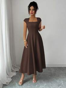 Elenzga Women's Elegant Solid Color Square Neck Waist Tie Splice Flared A-Line Short Sleeve Midi Dress, Suitable For Commute, Beach, Vacation, Music Festival, Beer Festival In Spring And Summer