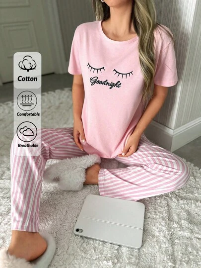 EURMUSE Women Plus Cotton 2 Pcs Eye Lettered Printed Short Sleeve Shirt& Striped Shorts Homewear Comfort Pajama Set Cute Sleep Set Cute Sleepwear Women Pajamas Set For Women Comfy Pajamas Set Cute Pajama Set