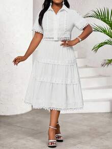 SHEIN Lady Conjunto de blusa y falda elegante para fiesta, boda, cóctel, Navidad con cuello de camisa y mangas con contraste de encaje, talla grande - Blanco - Ver 5