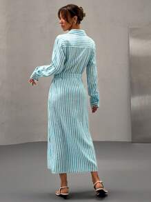 EURMUSE Baby Blue&White Color, Long Sleeve, Belted, Shirt Dress - Multicolor - View 2