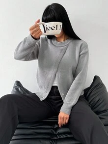 Balvessa Grey Crew Neck Asymmetrical Hem Long Sleeve Sweater, Elegant Design, Versatile & Casual, Suitable For Multiple Occasions - Grey - View 7