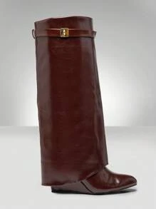 Solezae Women's Knee High Fold Over Pointy Toe High Heel Wedged Boots - Chocolate Brown - View 6