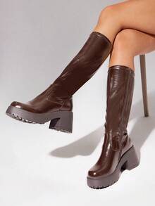 Solezae Women's Comfortable Stretch Material Chunky Lug Sole Knee High Boots - Brown - View 4