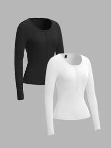 Comfortcana 女士长袖合身前扣基本款上衣，休闲日常穿着春季 - 彩色 - 查看 8