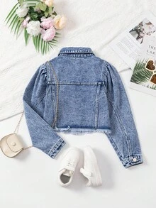 Elladie kids 青少年女孩牛仔夹克和外套，剪裁合身，时尚羊腿袖设计，做旧牛仔蓝水洗，适合青少年女孩的休闲学院风牛仔夹克 - 中等水洗藍 - 查看 2