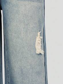 Tween Girls Y2K 风格复古水洗蓝色破洞阔腿牛仔裤，休闲宽松版型，适合日常穿着和上学，适合女孩 - 中等水洗藍 - 查看 4