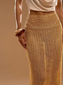 SHEIN BAE 女士镂空设计性感加长针织裙 - 黃色 - 查看 8