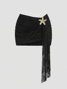 Sweetra Women's Elegant Sexy Lace Patchwork Asymmetrical Ruffle Hem Metal Decor Button Pleated Bodycon Mini Skirt - Black - View 1