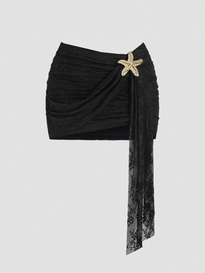 Sweetra Women's Elegant Sexy Lace Patchwork Asymmetrical Ruffle Hem Metal Decor Button Pleated Bodycon Mini Skirt