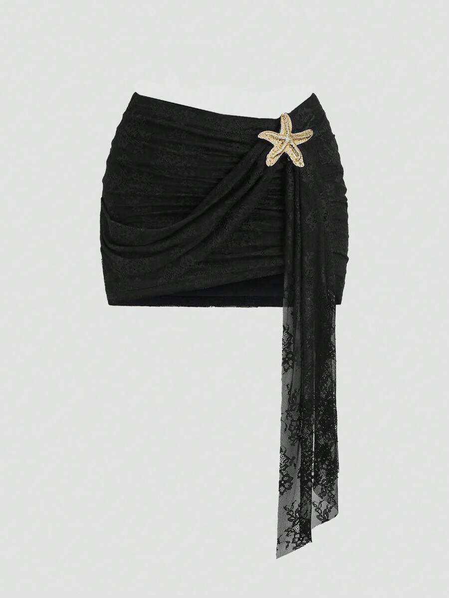 Sweetra Women's Elegant Sexy Lace Patchwork Asymmetrical Ruffle Hem Metal Decor Button Pleated Bodycon Mini Skirt - Black - View 1