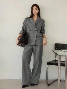 Dazy-Less 女士宽松商务休闲格子西装套装，深色底色优雅办公室通勤西装外套和直筒裤，秋冬 - 灰色 - 查看 8