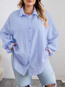 SHEIN CURVE+ Curves 大码返校季/返校季大码反季弧形下摆衬衫，秋冬长袖粉色条纹，女教师款，秋季女装 - 藍色 - 查看 5