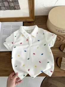 SHEIN Camisa polo de manga corta y patrón de corona para jóvenes estilo universitario, cómoda, transpirable, versátil, adecuada para jugar afuera e ir a la escuela, ideal para la primavera y el verano - Blanco - Ver 6