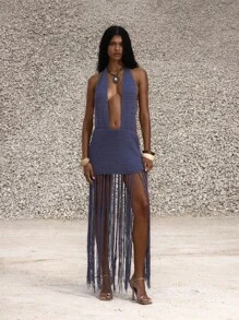 MUSERA Vestido maxi elegante de punto con escote pronunciado, cuello halter y flecos, ideal para otoño y vacaciones - Azul - Ver 1