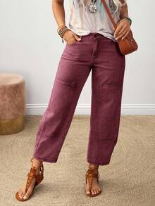 EMERY ROSE Plus Size Casual Washed Drawstring Waist Jeans Casual Street Patchwork Pocket Loose Wide Leg Jeans Women Jeans Baggy Loose Jeans New Autumn And Winter Wine Red Pants