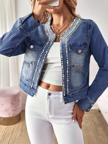 EMERY ROSE Pearl Decor Short Denim Jacket Old Money Style Women's Vintage Clothing Women's Office Clothing Simple Metallic Women's Office Blazer Pearl Embellished Denim Jacket - Blue - View 7
