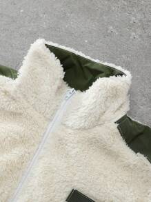 Claim Dot 男士时尚休闲针织拼接羊羔绒外套，拼接设计，舒适保暖面料，实用口袋，适合时尚日常休闲穿着、户外活动、休闲运动、节日礼物、男友礼物、秋冬季长袖上衣 - 米色 - 查看 7