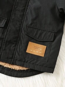 SHEIN 男婴秋冬服装套装，保暖连帽外套，加厚羽绒服，绗缝外套，舒适百搭，时尚经典休闲风，适合室内、户外滑雪、日常穿着、运动、玩耍、派对、节日等场合。男婴冬季外套，男婴黑色外套，男婴抓绒外套，男婴连帽外套，男婴保暖外套。