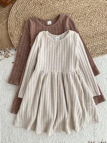 LMoss Kids 2件套少女纯色针织休闲连衣裙套装 - 彩色 - 查看 5