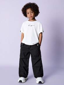 SHEIN Young Boy Casual Korean Letter Elastic Waist Loose Solid Color Woven Pants, Suitable For School, Garden, Beach, Birthday Party, Spring, Summer, Autumn, Winter - Black - View 3