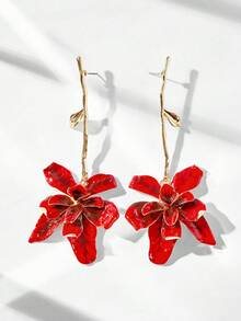 SHEIN Maija Pendientes largos de metal con flores de estilo exagerado para vacaciones - Rojo - Ver 3