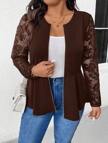 SHEIN Frenchy Chaqueta de uso diario con encaje y cremallera para talla grande, chaqueta elegante de manga larga para otoño, chaqueta negra versátil, ropa de calle para mujeres para salir, ropa de mujer para otoño
