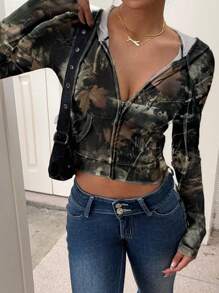 SHEIN EZwear 女式仿生叶图案休闲街头风格连帽衫、毕业典礼、教师、返校套头衫秋季 - 彩色 - 查看 7